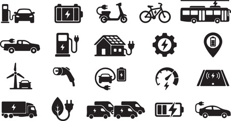 Black icons of electric vehicles and charging © NasimaAktar
