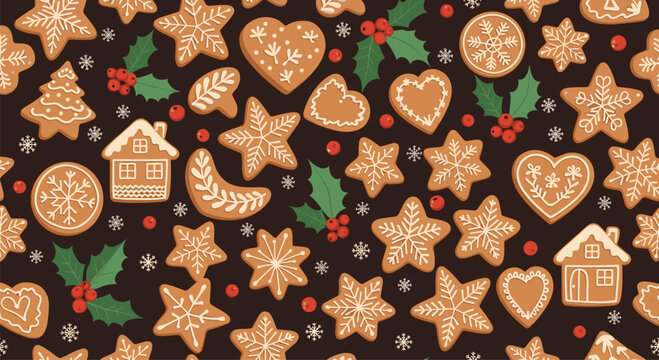 Delightful seamless Christmas pattern of festive gingerbread cookies, snowflakes, and holly berries on a rich dark background.