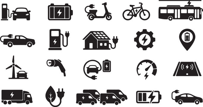 Black icons of electric vehicles and charging