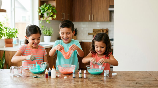 Children making colorful slime at a kitchen table. Kids engaged in sensory play and science experiment at home. Creative DIY craft activity