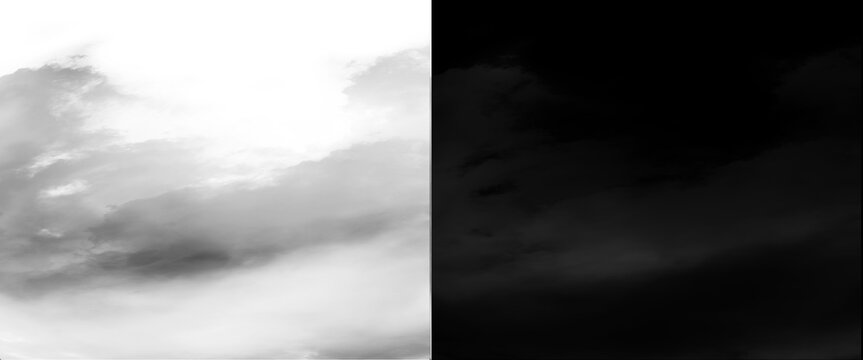 Monochrome sky background with clouds, split screen black and white cloudscape, dramatic high contrast atmospheric texture for creative design