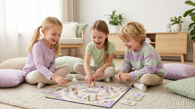 Three happy children playing a board game on the floor. Kids sitting on carpet in a bright living room. Forest Explorers board game concept