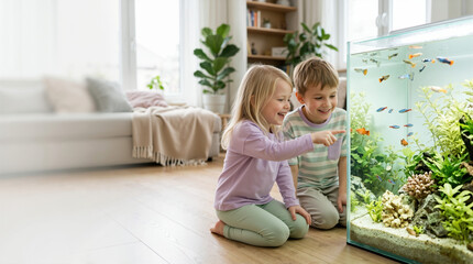 Plakat Two young children watching and pointing at colorful fish in a large home aquarium. Happy brother and sister observing aquatic pets in a bright modern living room