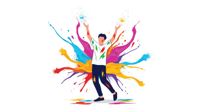 Energetic illustration shows a person celebrating with arms raised amidst dynamic splashes and explosions of vibrant multi colored paint.