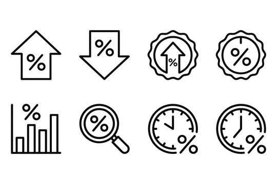 Financial icons set featuring percentages and charts up arrow down arrow bar chart magnifying glass percentage