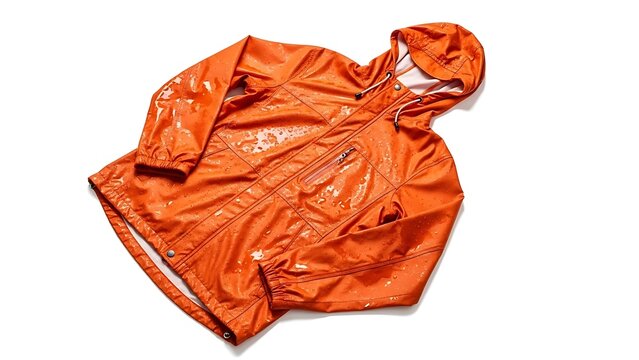 Orange hooded rain jacket with visible water droplets on the fabric surface isolated on white background clothing protection waterproof textured raincoat isolated background