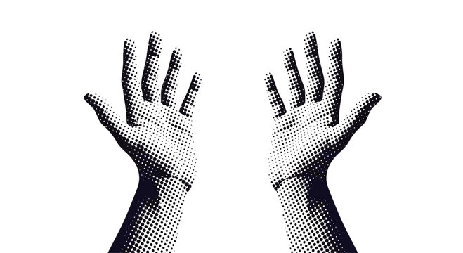 Minimalist halftone dot illustration of two human hands raised high in the air as if in a gesture of praise or celebration.
