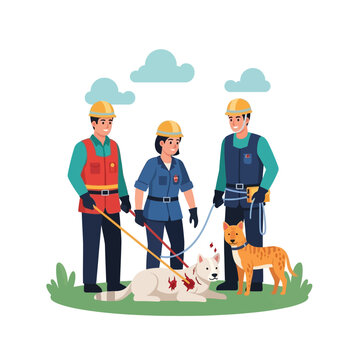 Rescue workers with dogs, search and rescue team