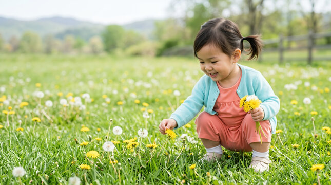 Toddler picking dandelions in a green meadow. Young girl with pigtails gathering yellow flowers in a field. Outdoor spring childhood activity