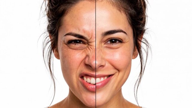A woman split-face portrait shows emotional contrast.
