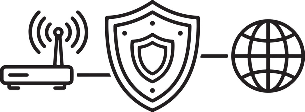 Network security concept: router shield globe icons with security internet protection connection