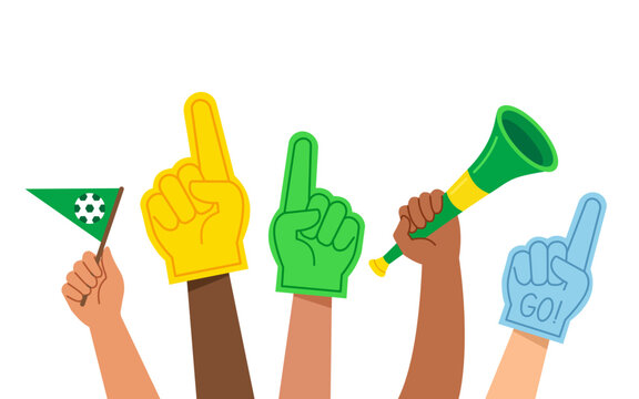 Diverse hands holding sports fan gear like foam fingers, flag and vuvuzela isolated on transparent background