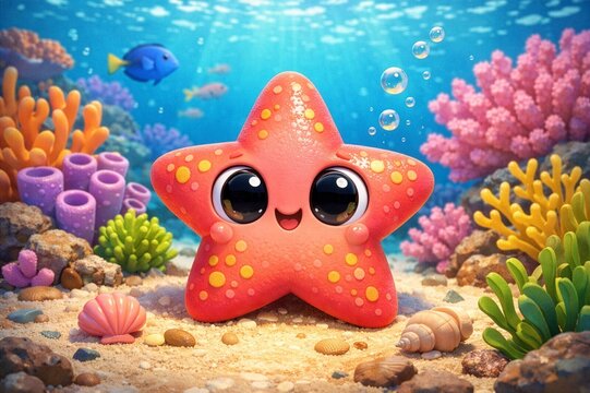 Cute Cartoon Starfish wimming in a Coral Reef