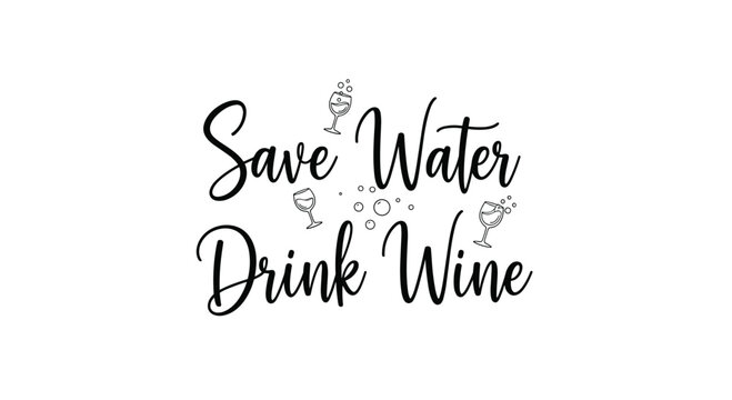 Humorous quote design saying save water drink wine with simple wine glass sketches and bubble elements for party decor and t-shirts.