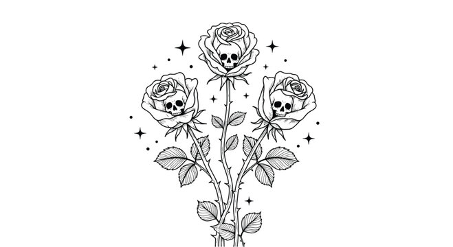 Gothic illustration of three blooming roses with human skulls nestled within the petals on long thorny stems with sparkling stars.
