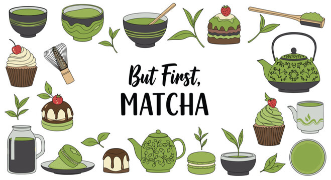 Large collection of matcha green tea items including bowls teapots cakes and macarons with but first matcha text.