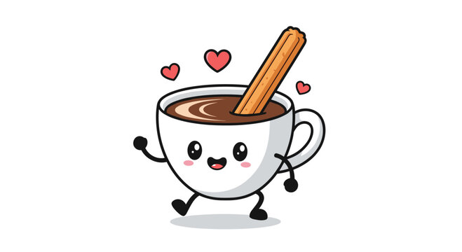 Adorable coffee cup character walking happily with a churro inside and floating hearts for sweet food illustration.