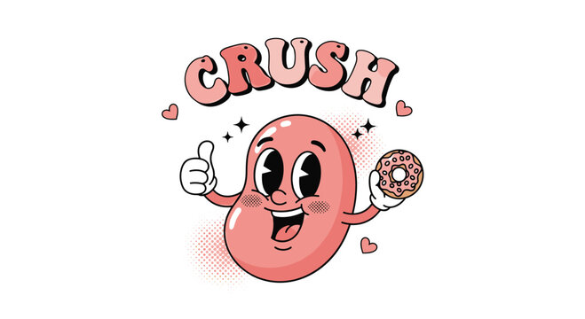Retro style pink jelly bean character giving a thumbs up and holding a donut with crush text.