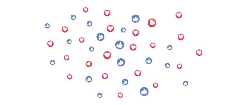 Floating social media like thumbs up and heart love reaction icons scattered on screen for internet marketing engagement and digital communication concept background design