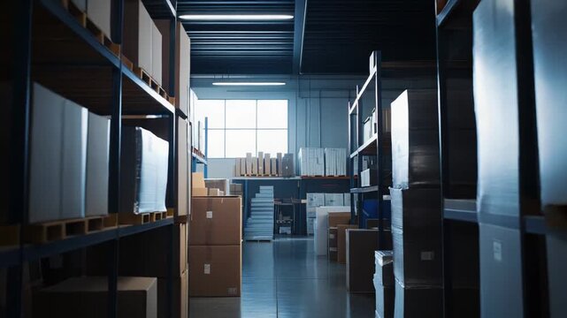 Industrial warehouse interior featuring tall metal shelving units filled with various sized cardboard boxes and packaged goods, highlighting efficient logistics and supply chain operations