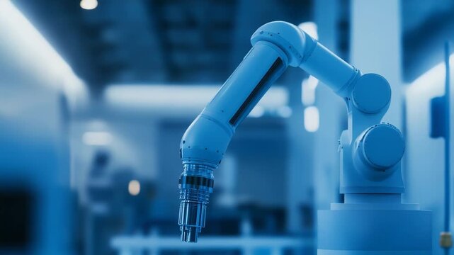 Robotic arm actively working in a blurred modern industrial manufacturing facility, representing advanced automation, engineering, and artificial intelligence in a futuristic setting