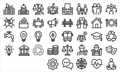 Collection of 36 line icons for community education and sustainability © Mdhanifmolla790