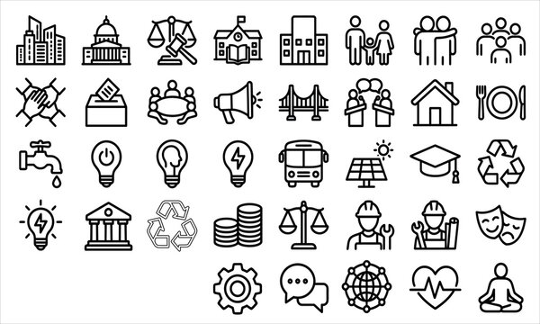 Collection of 36 line icons for community education and sustainability