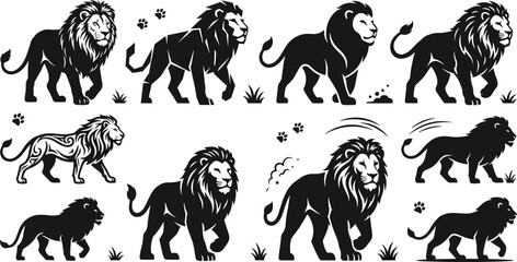 Black Lion Silhouette Collection with Wild Animal Poses Safari Wildlife Mascot and Jungle Predator Vector Illustration Set © Jami