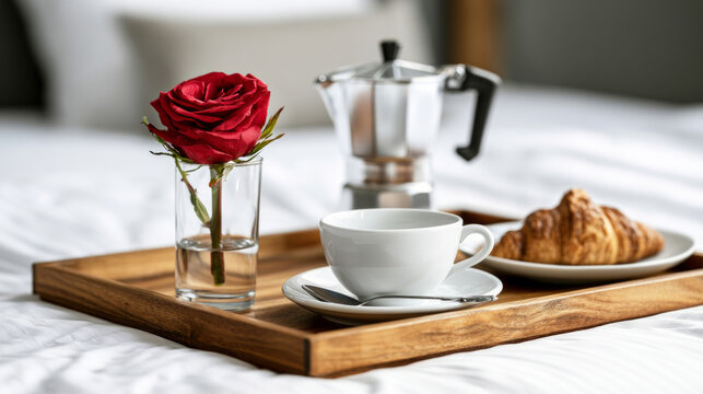A wooden tray with a cup of coffee and croissant, a coffee maker and a red rose, in a hotel room