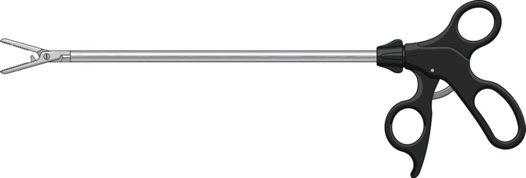 Laparoscopic surgical forceps sit isolated against a clean white background.