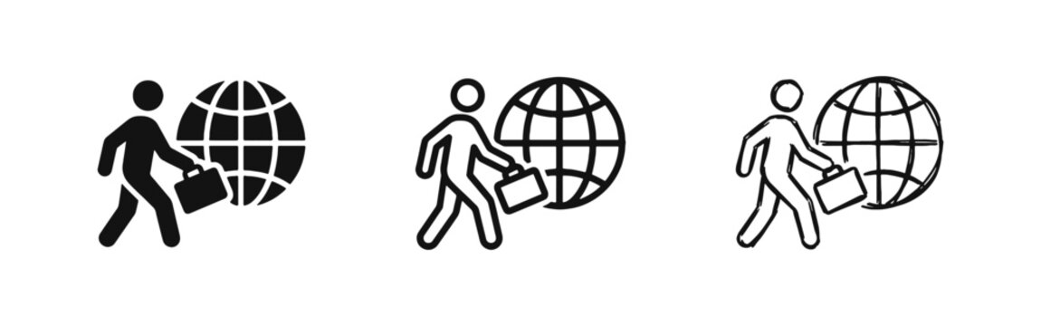 Business Travel and Global Commerce Icons Set - Solid, Outline, and Hand-Drawn Styles