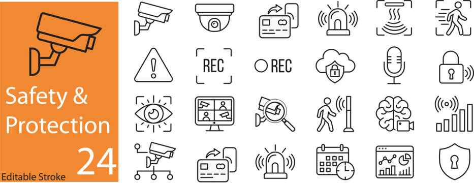 Collection of safety and protection line icons representing security and surveillance systems