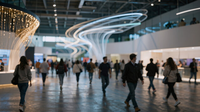 People walking through a modern exhibition hall