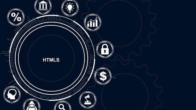 Digital Infographic with HTM L5 Icon and Business Icons on Dark Blue Background with Gears html5 web development