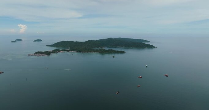 Aerial drone of tropical islands in the Tunku Abdul Rahman Marine Park. Borneo, Malaysia, Kota Kinabalu.