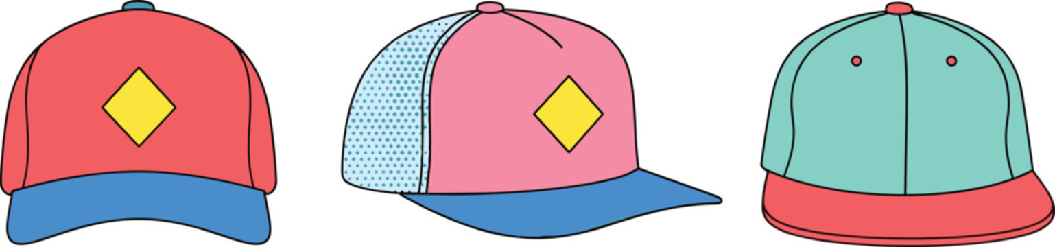 Colorful Baseball Cap Vector Illustration Collection with Trendy Fashion Headwear Designs Isolated on White Background for Apparel Branding