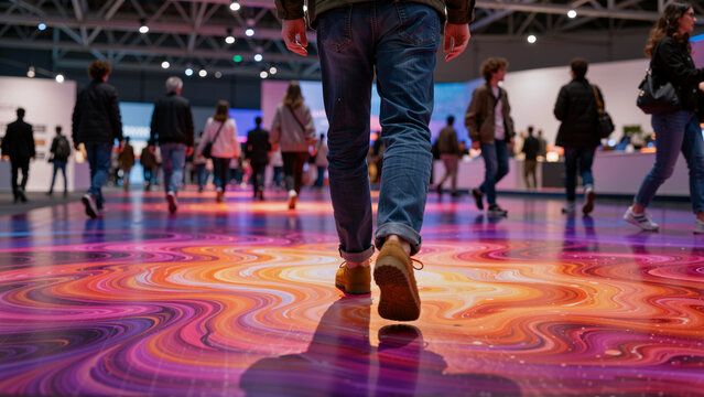 People walking on a colorful, illuminated floor