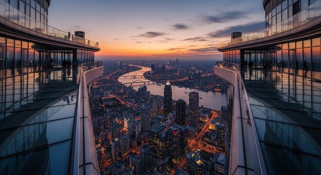 Spectacular high-rise observation deck vista overlooking a vibrant city river at twilight