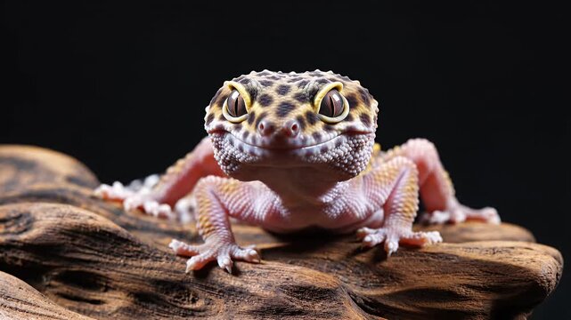 Smiling leopard gecko on textured wood with black background