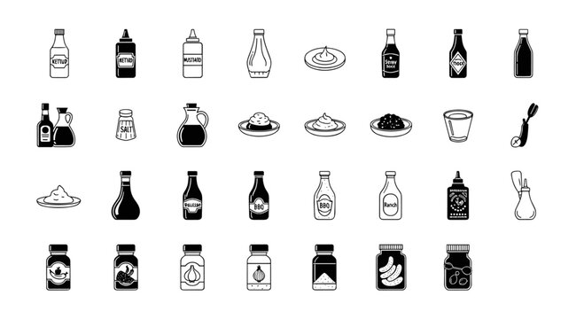 Collection of various sauce bottles, condiments, and jars illustrated in a simple, clean, modern outline icon style