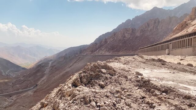 New Salang Highway Afghanistan. Panoramic view of newly built mountain road in Hindu Kush. Essential high-altitude transit corridor for logistics and travel in Central Asia.