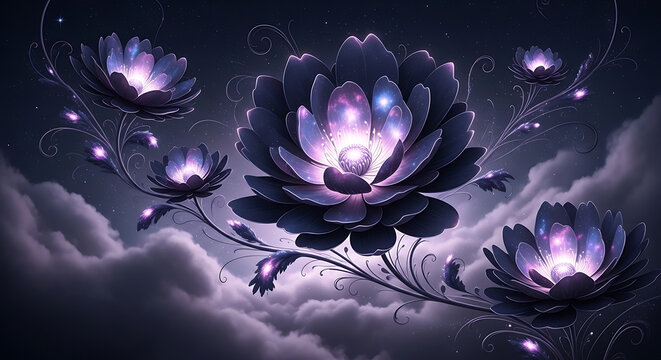 Glowing purple lotus flowers in cloudy night sky