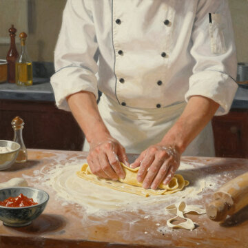 Professional Chef Rolling Fresh Pasta Dough for Handmade Ravioli on a Floured Wooden Table