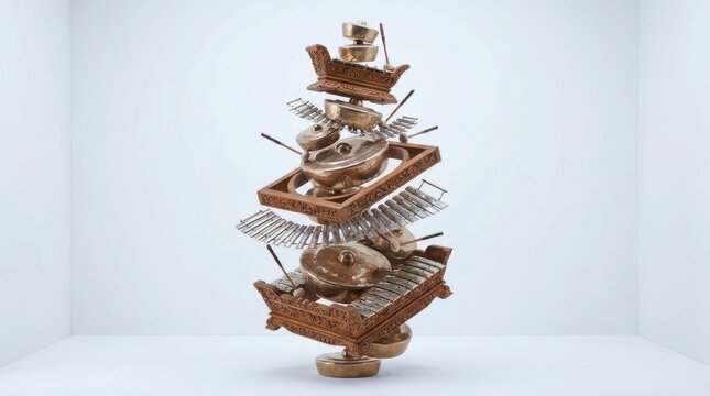 Deconstructed Indonesian Gamelan Ensemble Instruments Stacked in Vertical Composition Featuring Carved Wooden Frames, Bronze Gongs, and Metal Keys on a White Studio Background