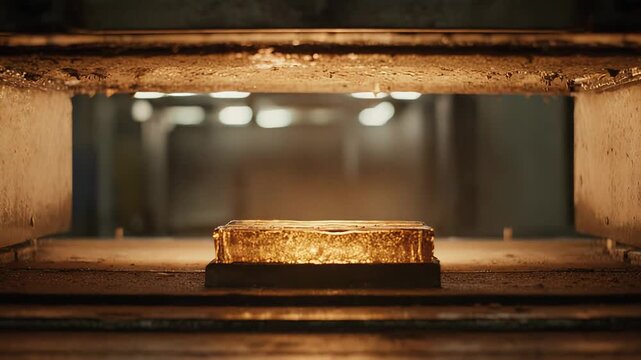 Molten gold solidifying into an ingot, placed inside a hot industrial furnace, highlighting the high temperature manufacturing process of precious metals