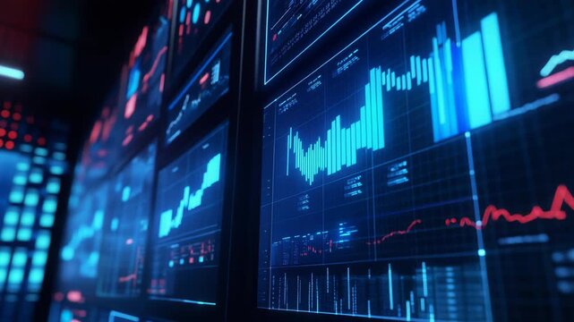 Stock data visualization displaying dynamic charts and graphs, representing a cyber trading platform for business and economy analytics in a dark environment