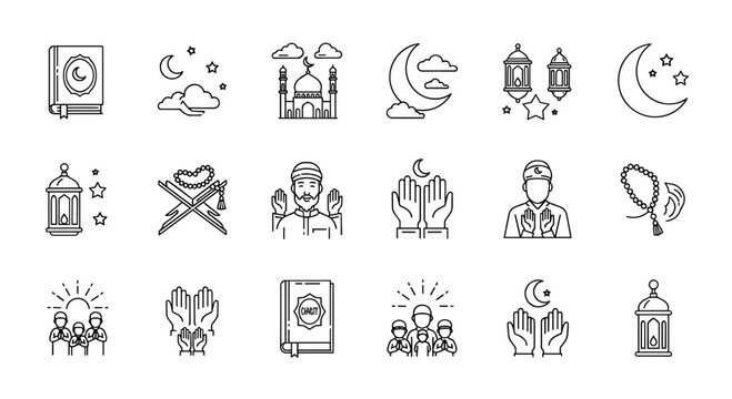 Islamic Cultural Symbols Collection Featuring Quran Mosque Lanterns Praying Hands Moon Stars and Rosary Beads