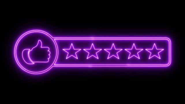 Glowing neon top 5 star rating icon animation on black background. top 5 star customer product rating review icon. customer review concept, five star feedback icon animation. Symbol, advertising badge