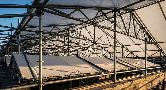 Professional temporary scaffolding roof system with weatherresistant white tarpaulin and integrated safety netting for largescale building construction and site