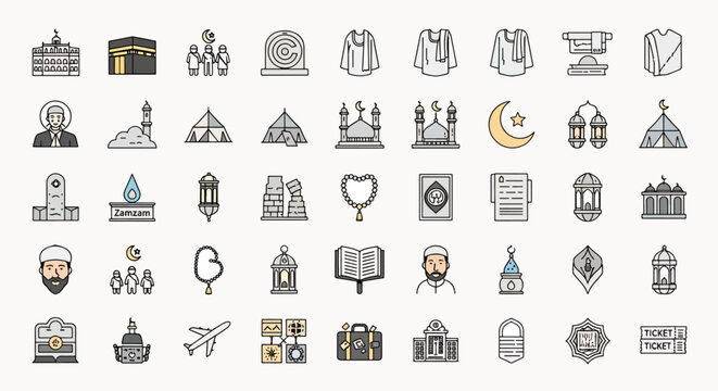 Set of Islamic Icons Representing Religious Symbols, Pilgrimage, Mosques, and Cultural Elements
